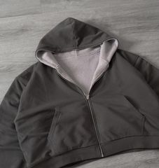 Reversible Knit Zip Up, charcoal side, hood up