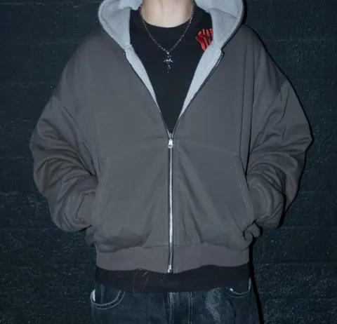 Reversible Knit Zip Up, charcoal side, worn