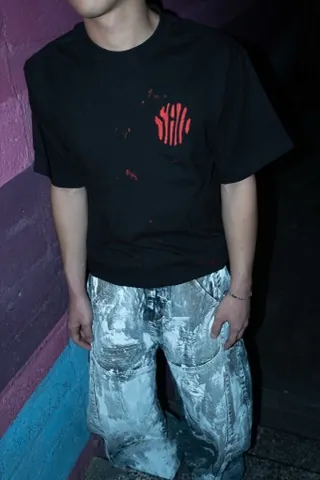Paint Splashed Stamp Shirt, worn, full fit