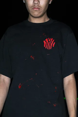Paint Splashed Stamp Shirt, front and back