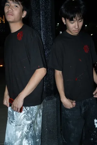 Paint Splashed Stamp Shirt, worn, two fits